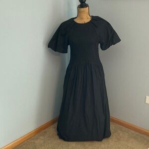 J. Crew Black Smocked Maxi with Puff Sleeves